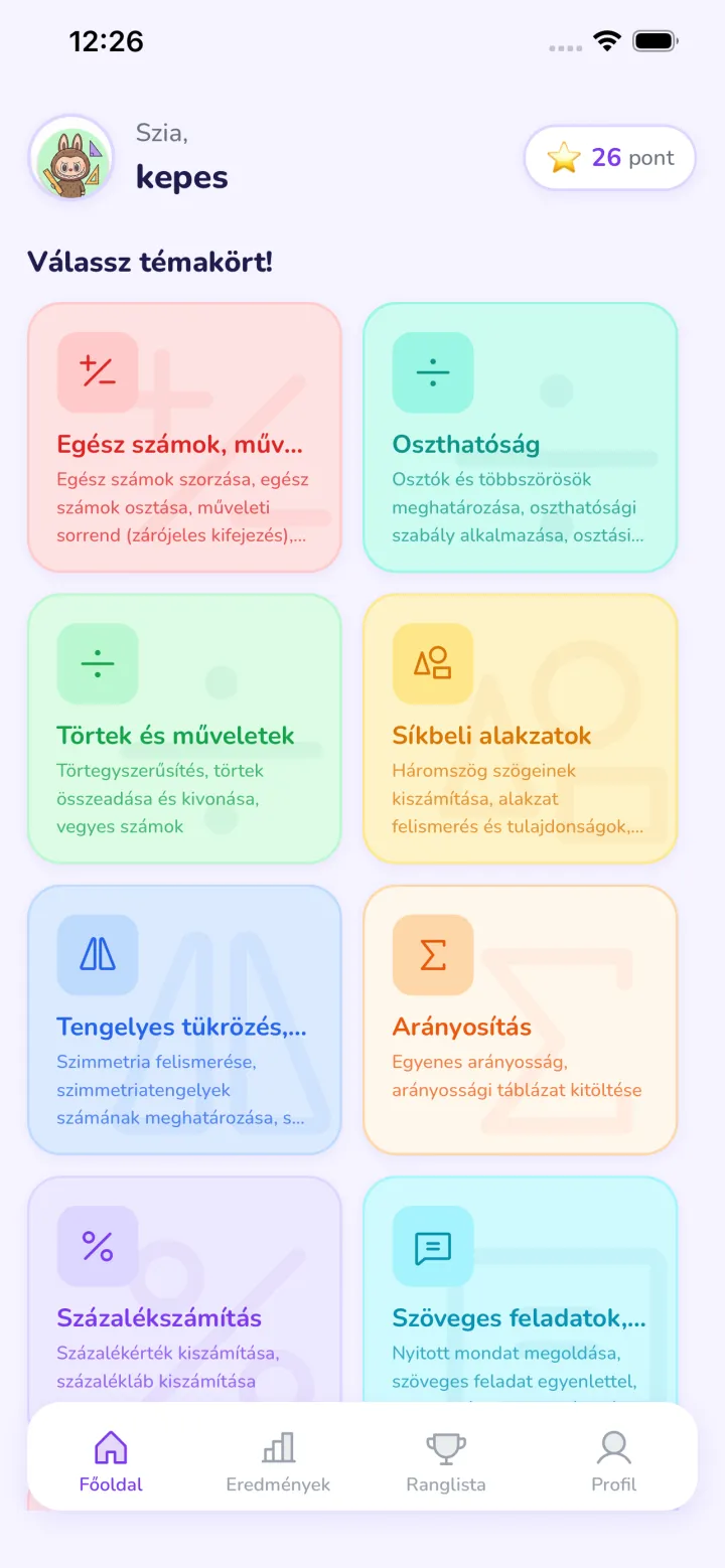 Főoldal: témakör-választó képernyő