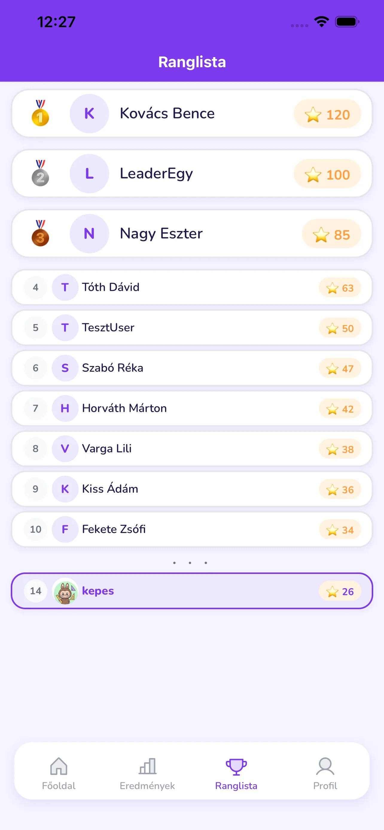 App ranglista képernyő
