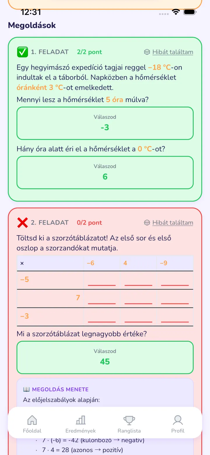 Megoldások képernyő a Hibát találtam gombokkal