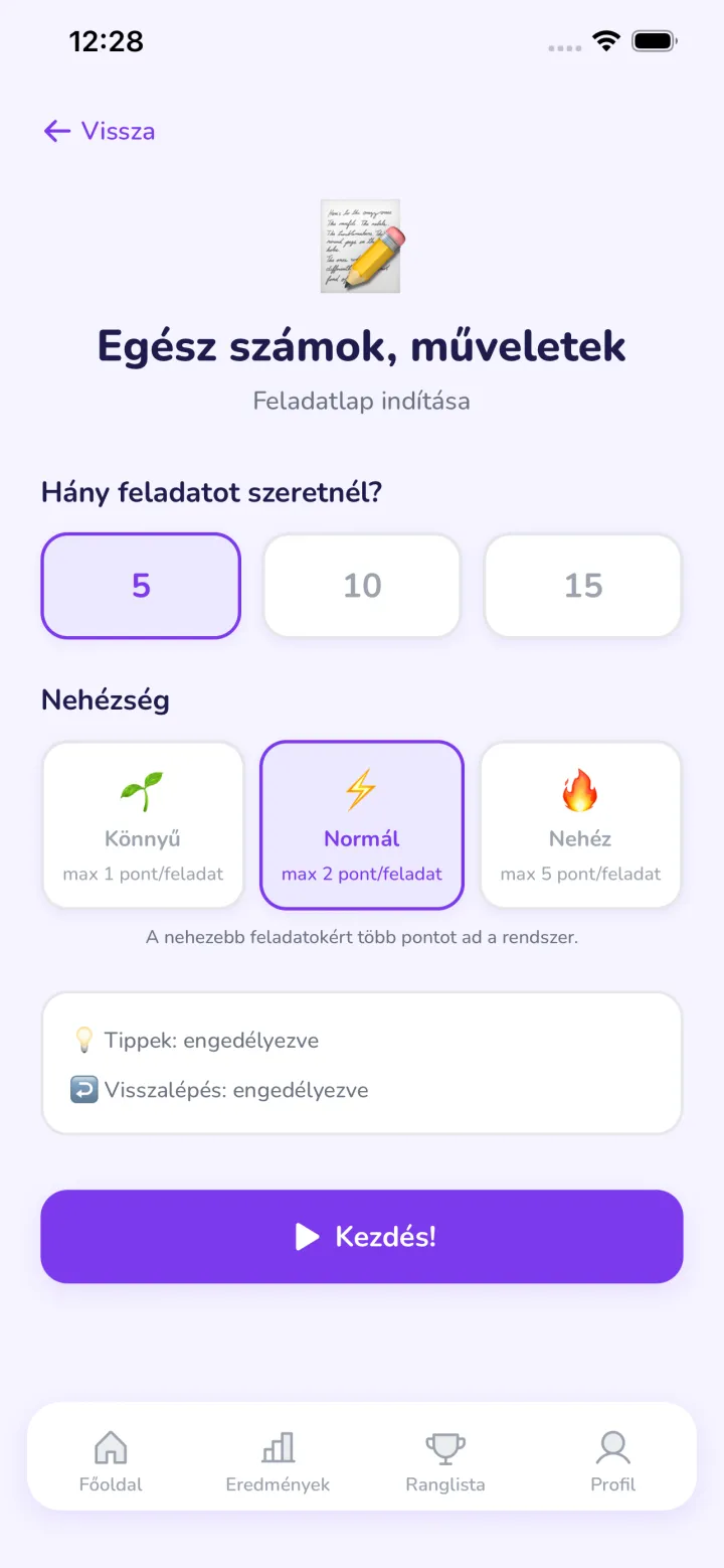 Feladatsor indítása képernyő
