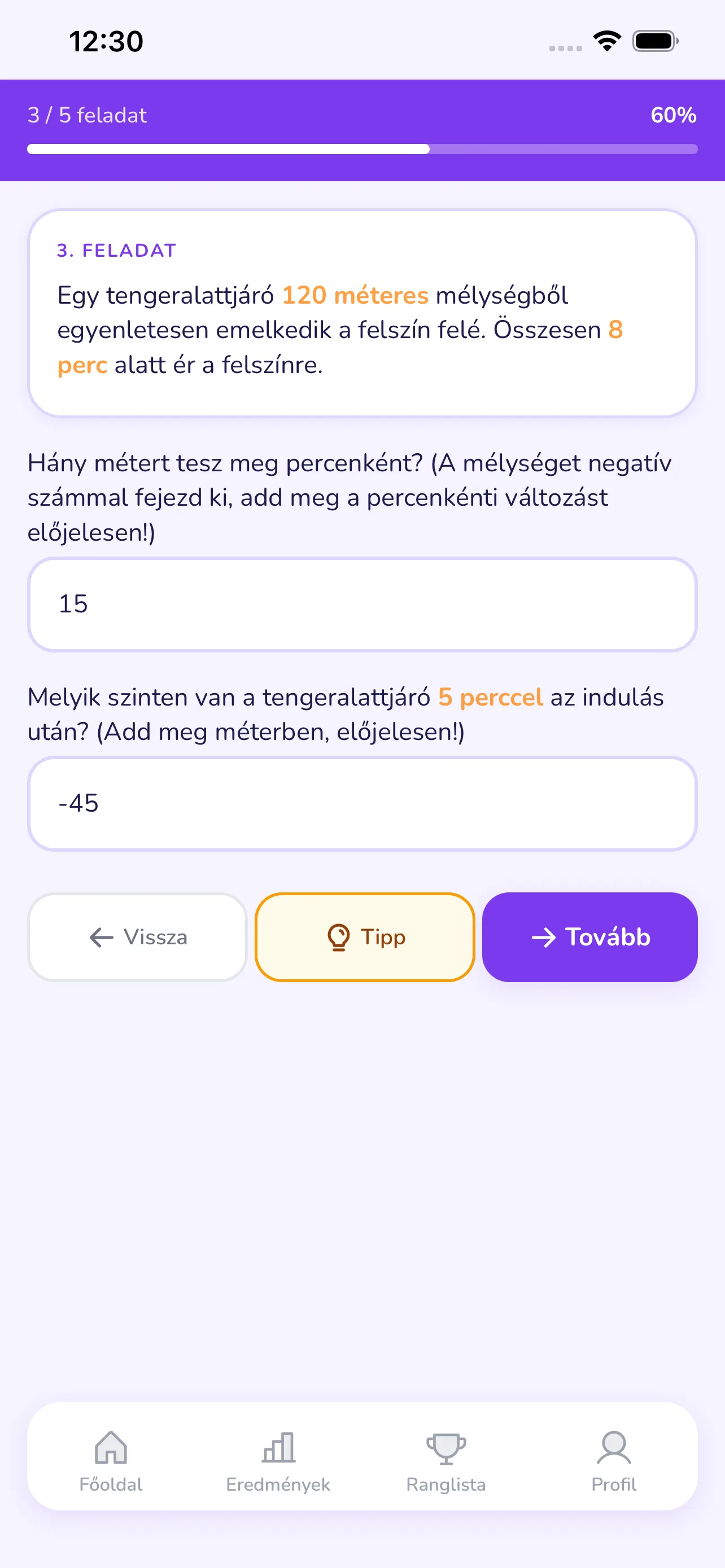App feladat képernyő — szöveges feladat